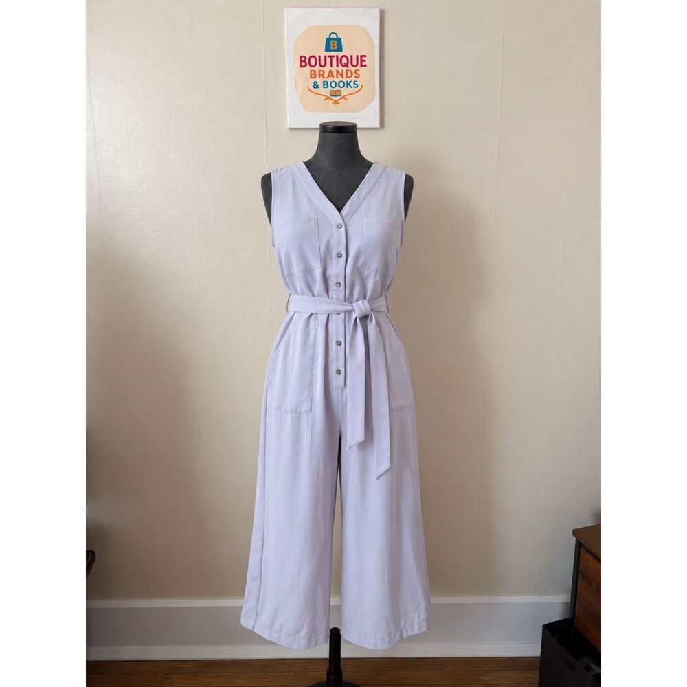 A New Day Jumpsuit L Lavender Blush Pink Wide Leg Belted Sleeveless Button Front
